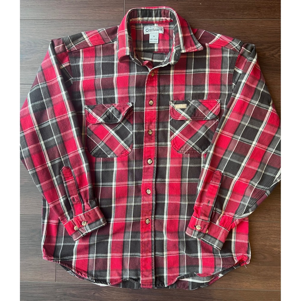 Carhartt Mens Heavy Flannel Plaid Button Down Shirt Red Black White Size M